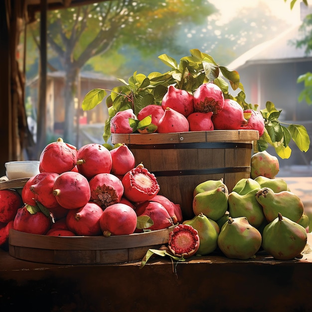 Baskets overflowing with fruit from a lush ripe guava plantation