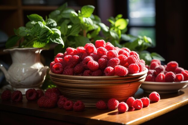 Baskets of raspberries on a wooden plate with marble background generative IA