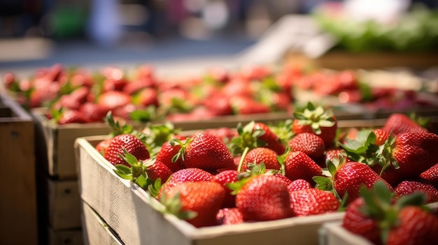 Baskets of ripe strawberries at the farmers market Generative AI