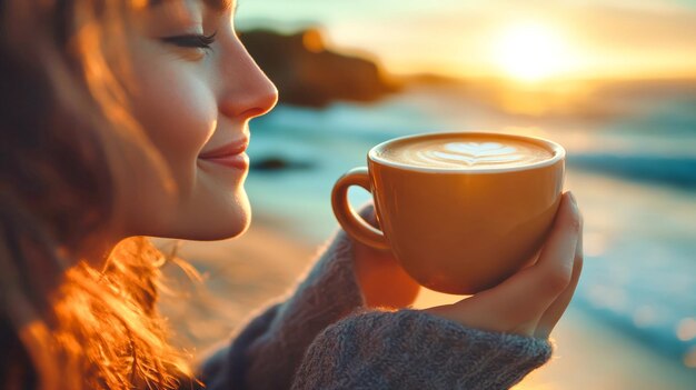 Photo basking in the radiant light of dawn a person cradles a steaming cup of coffee radiating joy while surrounded by the tranquil beauty of the beach