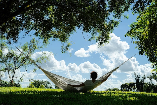 Basking in Serenity A Blissful Moment in a Lush Garden Hammock Under a Bright Sky Full of Fluffy Clouds