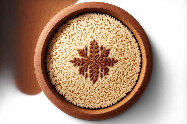 Basmati rice grains in a wooden bowl top view isolated on a white background