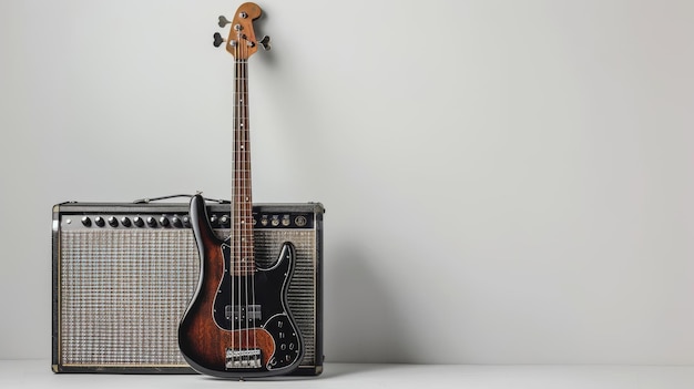 Bass guitar leaned against an amplifier symbolizing its role in creating rhythm and beats in music