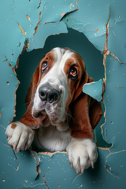 Photo a basset hound breaking through a blue wall with a hole in the center