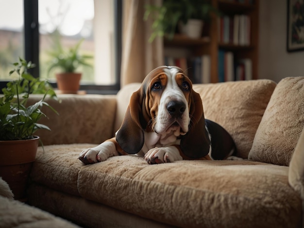 a Basset Hound dog is laying on a couch with a plant in the background