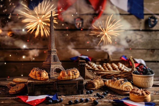 Photo bastille day celebration display with bastille replica french flags and traditional pastries on wooden backdrop