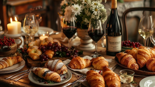 Bastille Day celebration with a table set with croissants clairs and a selection of French wines