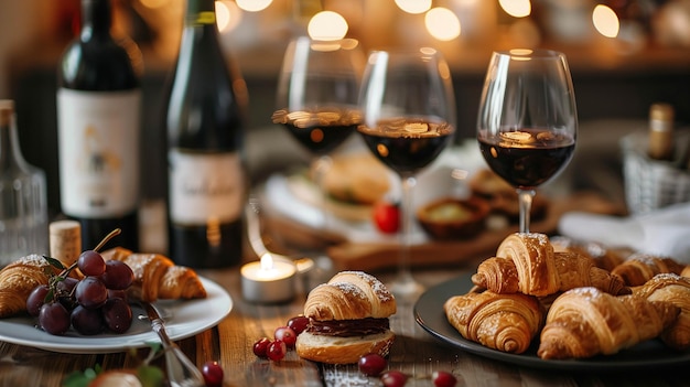 Bastille Day celebration with a table set with croissants clairs and a selection of French wines