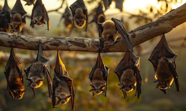 Photo bat colony hanging from a tree branch