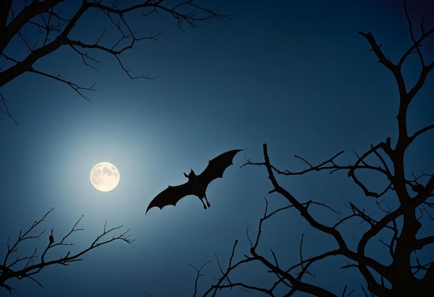 Photo a bat flies in the night sky with a full moon and tree branch in the background