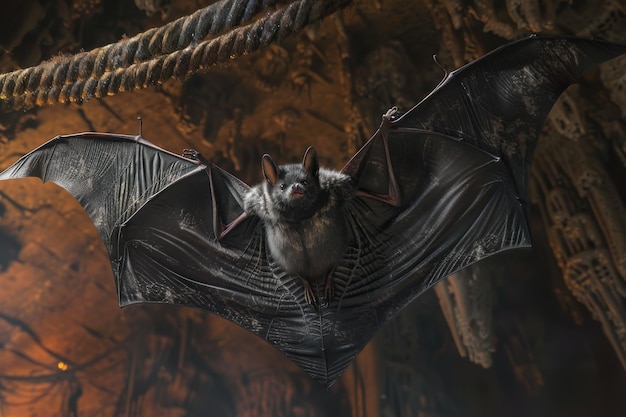 Photo a bat in flight inside a cave wings spread wide with a detailed background of rocky textures