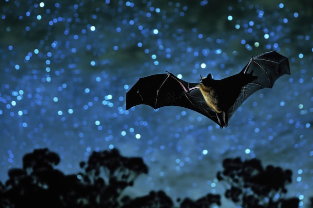 Photo bat flying at night against a starry sky wings spread wide creating a dramatic silhouette ai