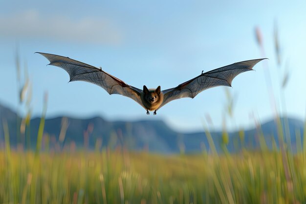 A bat flying over a serene meadow during the day with a clear blue sky and distant mountains in the background