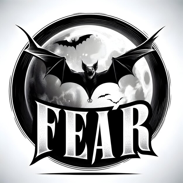 Photo bat and full moon with fear text concept as an isolated vector featuring a bat flying across a full