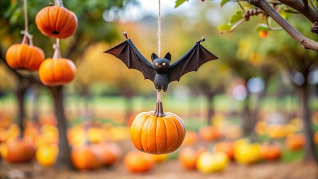 Photo a bat hanging from a string with pumpkins in the background