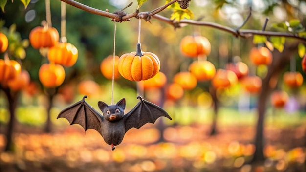 Photo a bat hanging from a tree with pumpkins in the background