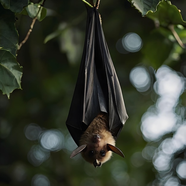 Photo a bat hanging from a tree with the word bat on it