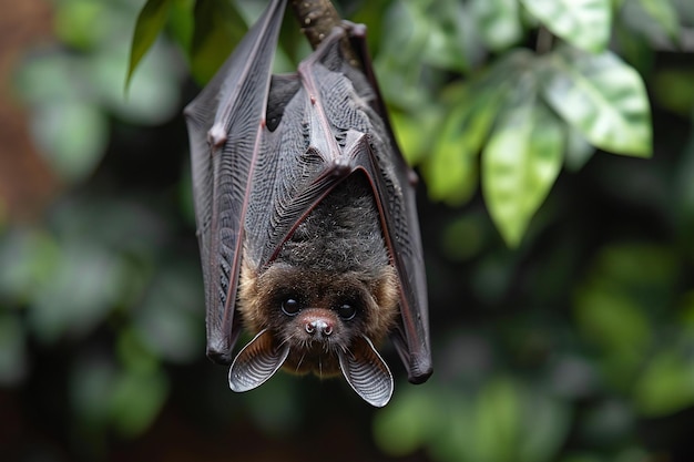 Photo a bat hanging from a tree with the word bat on it