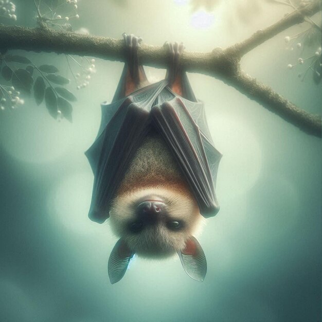 Photo a bat hanging upsidedown from a tree branch