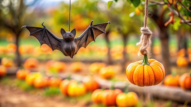 a bat hangs from a string with pumpkins in the background