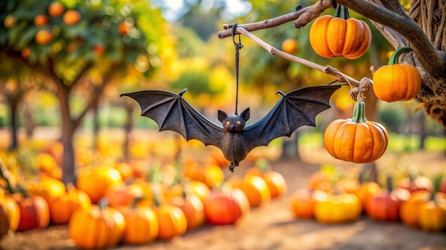 a bat hangs from a tree with pumpkins in the background