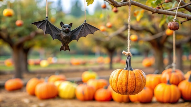 a bat hangs from a tree with pumpkins on it