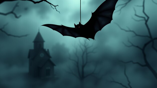 Photo a bat hangs ominously in a foggy landscape