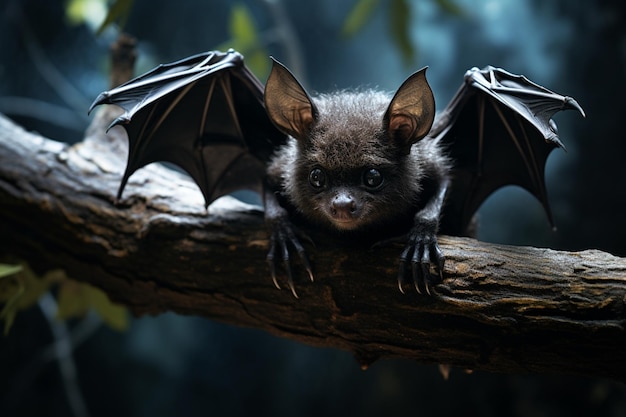 a bat hangs upside down from a tree branch