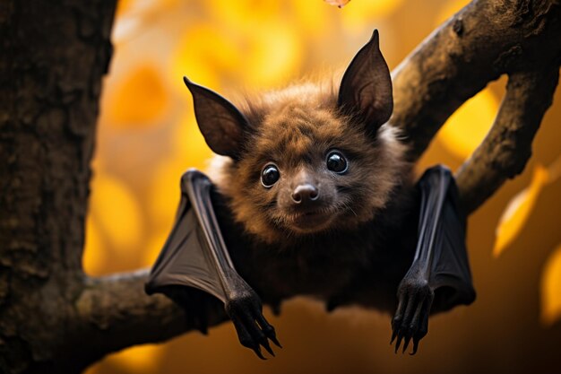 a bat hangs upside down from a tree branch