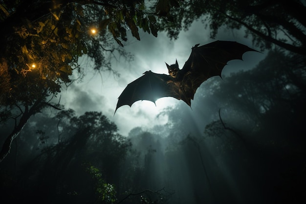 a bat is flying through the trees