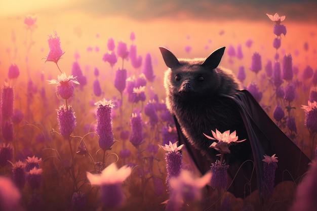 A bat in the middle of purple floral field unique and rare sighting of wildlife