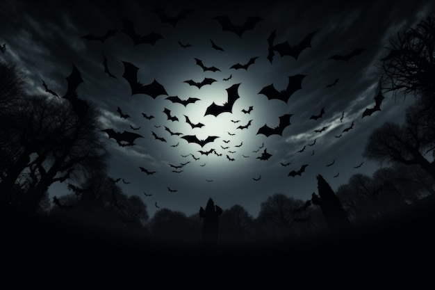 Bat silhouettes flying across a dark background with space for your Halloween greetings