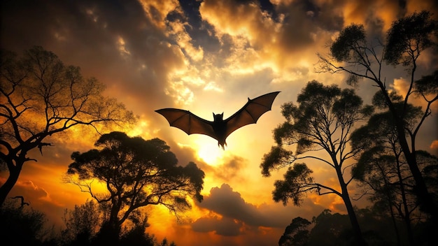 a bat in the sky with the sun behind it