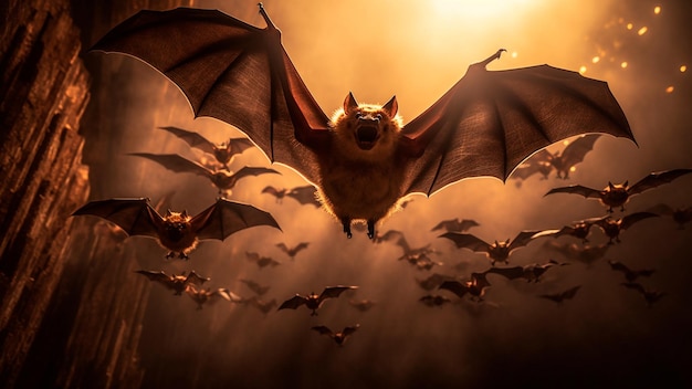 A bat takes flight wings spanning wide last rays of sunlight Generative AI