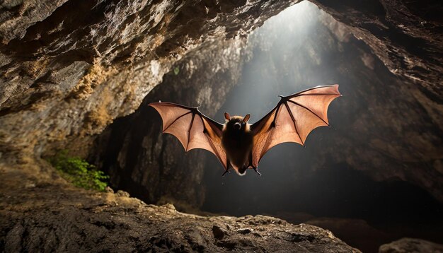 a bat that is flying in a cave