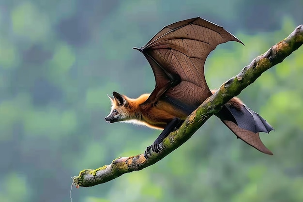 Photo a bat that is hanging on a tree branch with the sun behind it