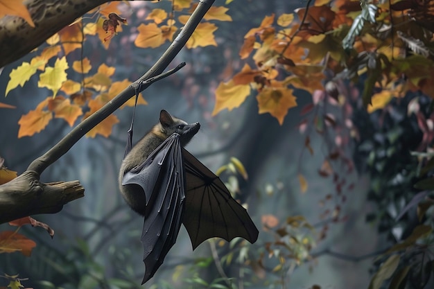 Photo a bat that is hanging on a tree branch with the sun behind it