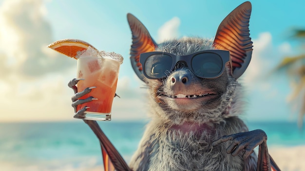 A bat wearing sunglasses is holding a cocktail on the beach