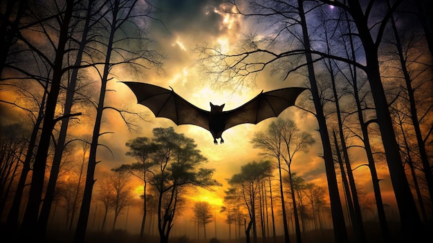 a bat with a face on its face is flying through the sky