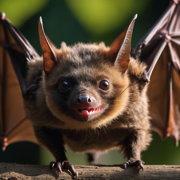 A bat with large eyes and teeth ready to take flight in the darkness