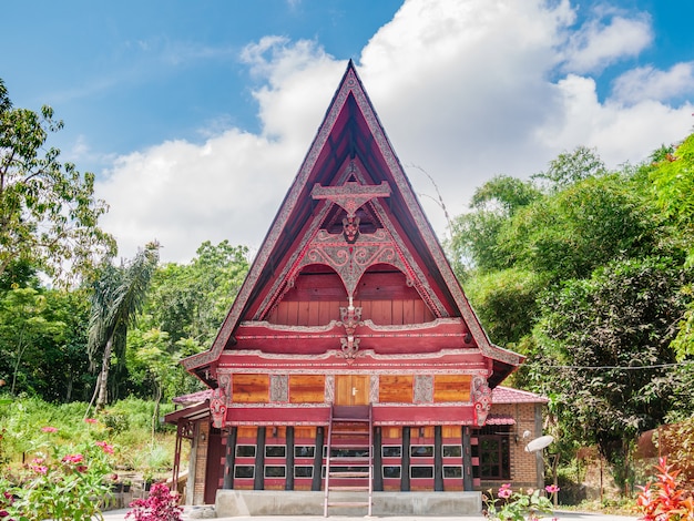 Batak traditional house facade traditional village front view at lake Toba, Sumatra, Indonesia