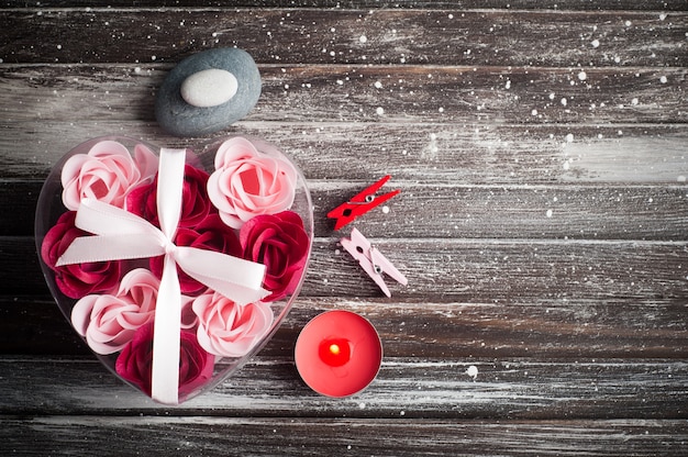 Bath accessories on rustic wooden table