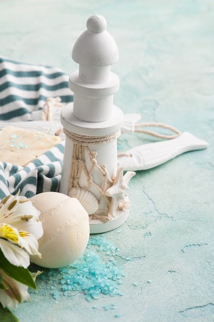 Bath bomb, soap and decorative lighthouse 