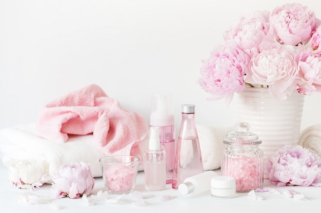 Bath and relax tools with peony flowers