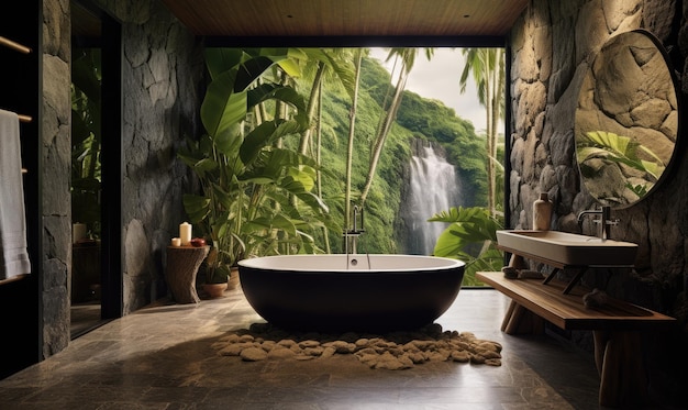 A bath room with a tub a sink and a window