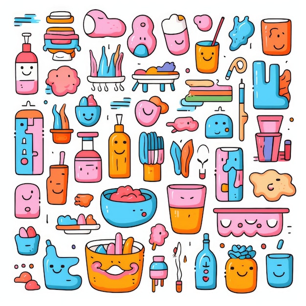 Bath supplies colorful set of doodles on white background Generative AI