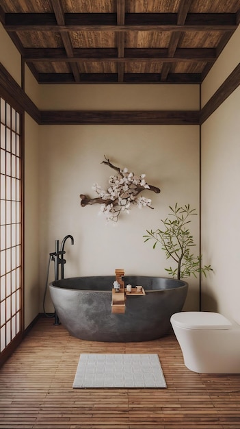 Photo the bath and toilet on bathroom japanese wabi sabi style 3d rendering