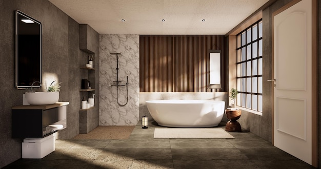 The Bath and toilet on bathroom japanese wabi sabi style 3D rendering