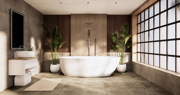 The Bath and toilet on bathroom japanese wabi sabi style 3D rendering