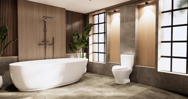 The Bath and toilet on bathroom japanese wabi sabi style 3D rendering